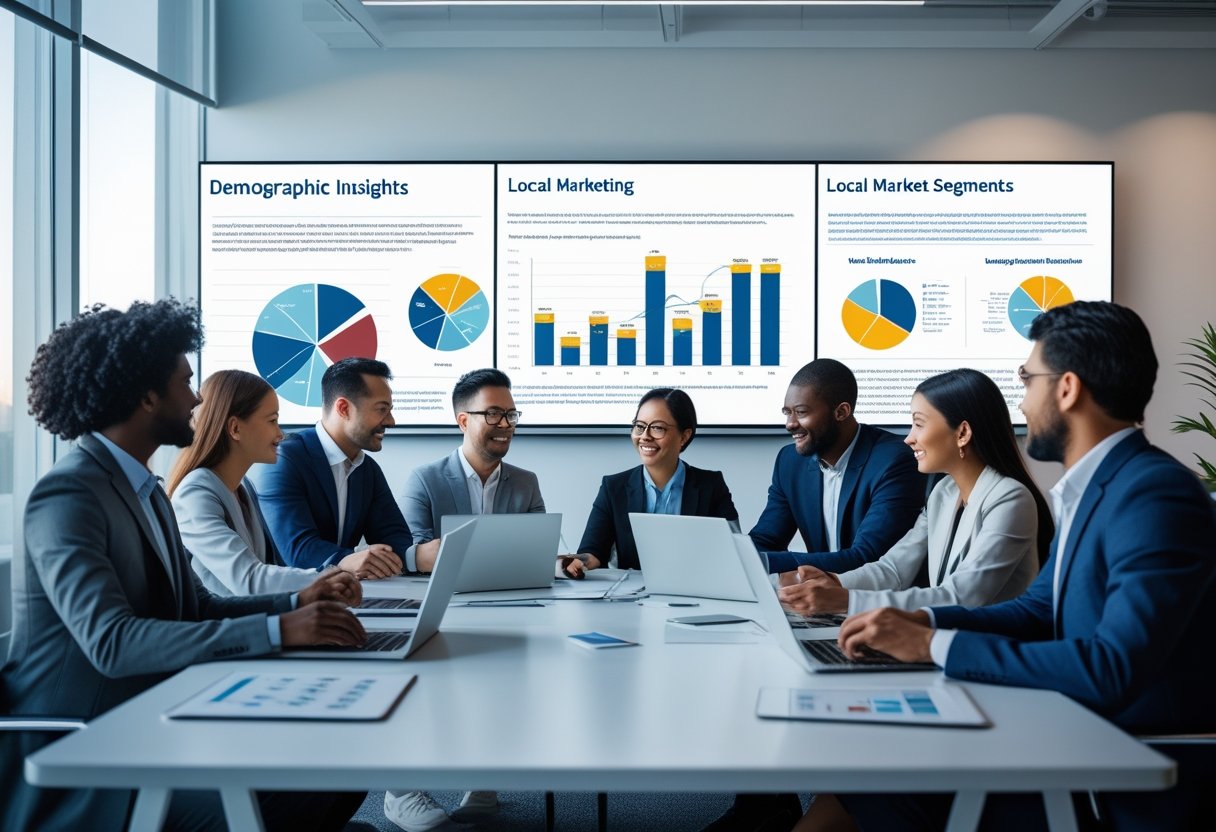 Ein Team von Marketingfachleuten arbeitet gemeinsam an einem Tisch mit Laptops und Diagrammen in einem modernen Büro.