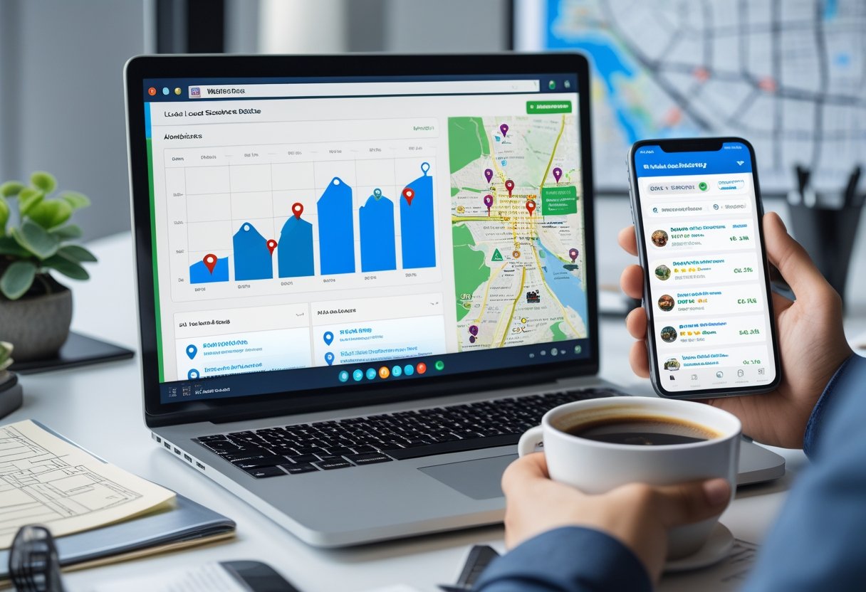 Ein moderner Arbeitsplatz mit Laptop und Smartphone, die lokale Suchergebnisse und Website-Analysen anzeigen.