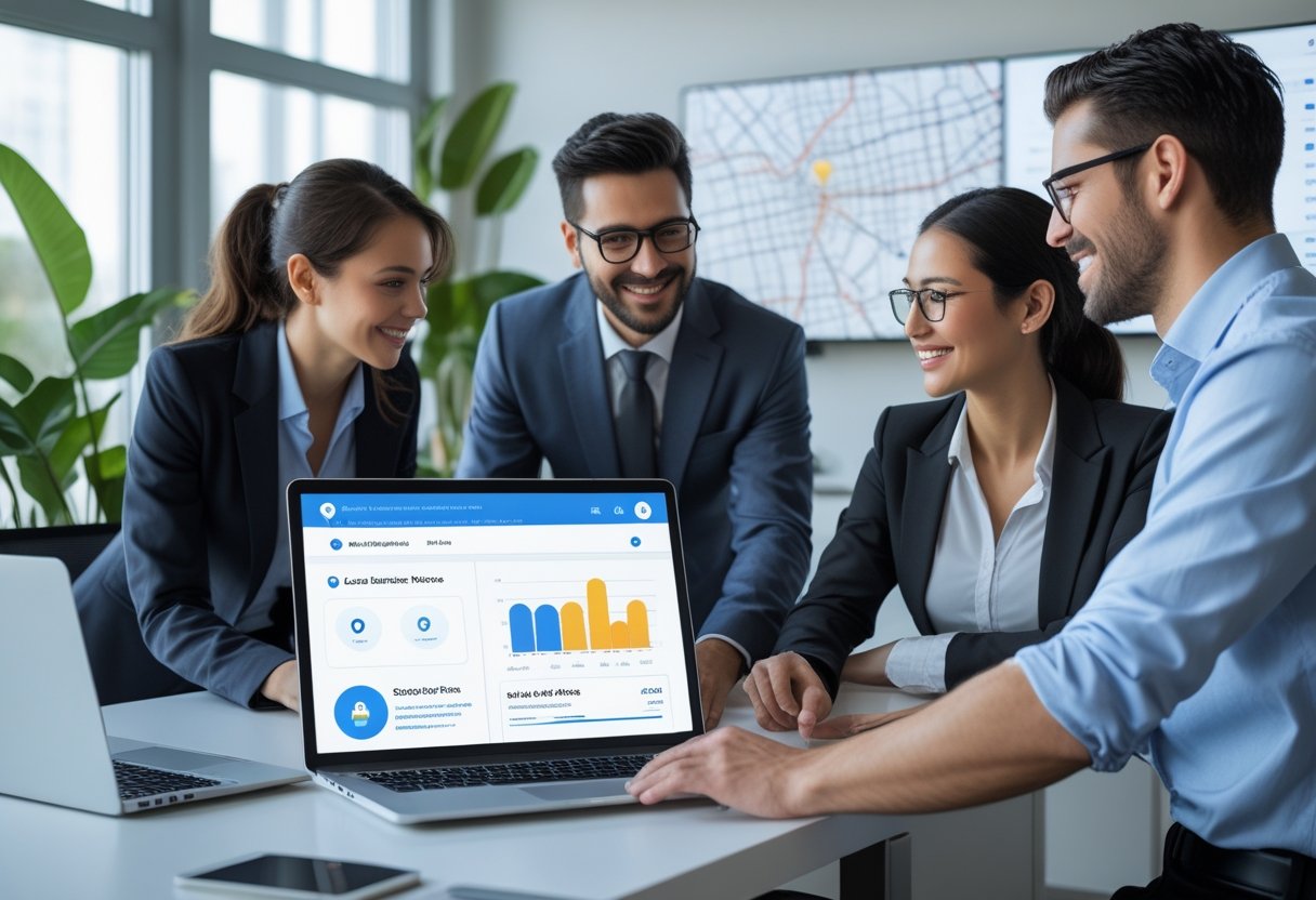 Geschäftsleute arbeiten gemeinsam an einem Laptop in einem modernen Büro, um eine Website für lokale Suche zu optimieren.