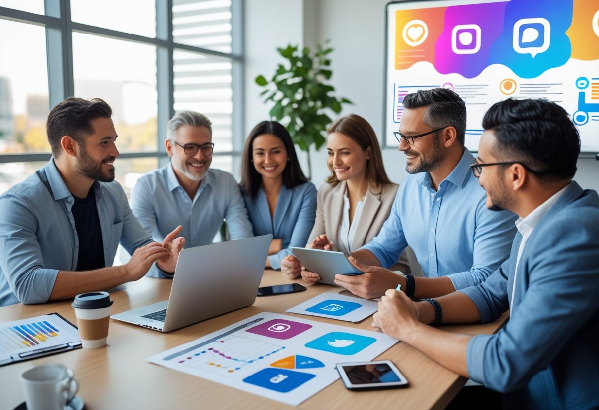 Mehrere Personen in einem hellen Büro besprechen gemeinsam Social-Media-Strategien für lokale Unternehmen.