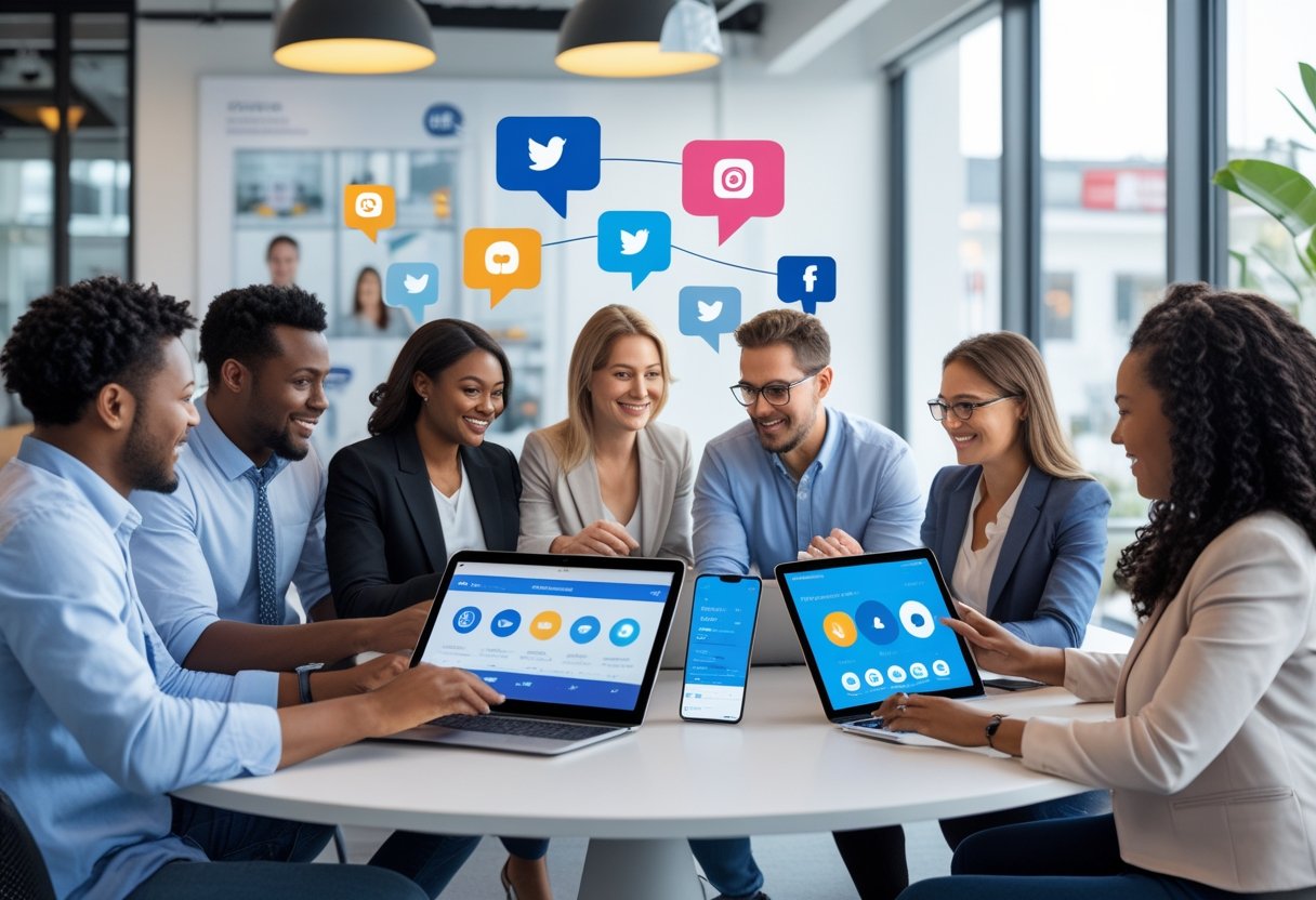 Mehrere Geschäftsleute sitzen an einem Tisch und arbeiten gemeinsam mit Laptops und Smartphones, um Social-Media-Marketing für lokale Unternehmen zu planen.