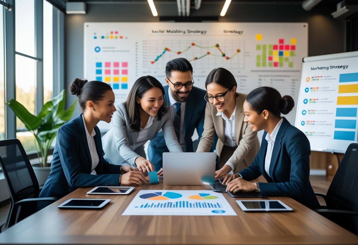 Drei Geschäftsleute planen gemeinsam eine Social-Media-Marketingstrategie in einem modernen Büro.