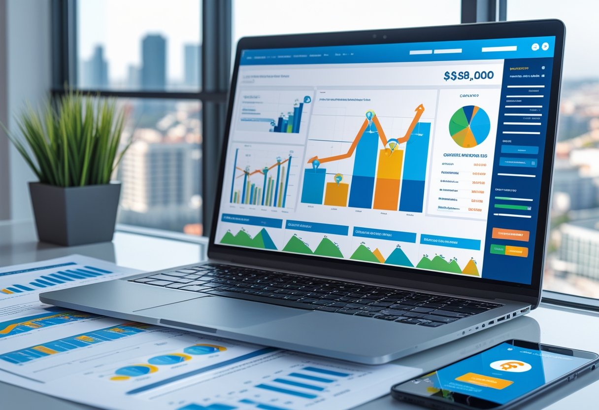 Ein moderner Schreibtisch mit Laptop, Smartphone und Dokumenten, die lokale Online-Werbung und Kostenanalyse zeigen.