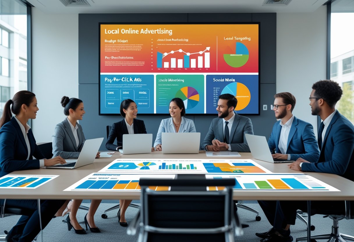 Geschäftsleute diskutieren in einem Büro über lokale Online-Werbung mit Laptops und Diagrammen auf dem Tisch.
