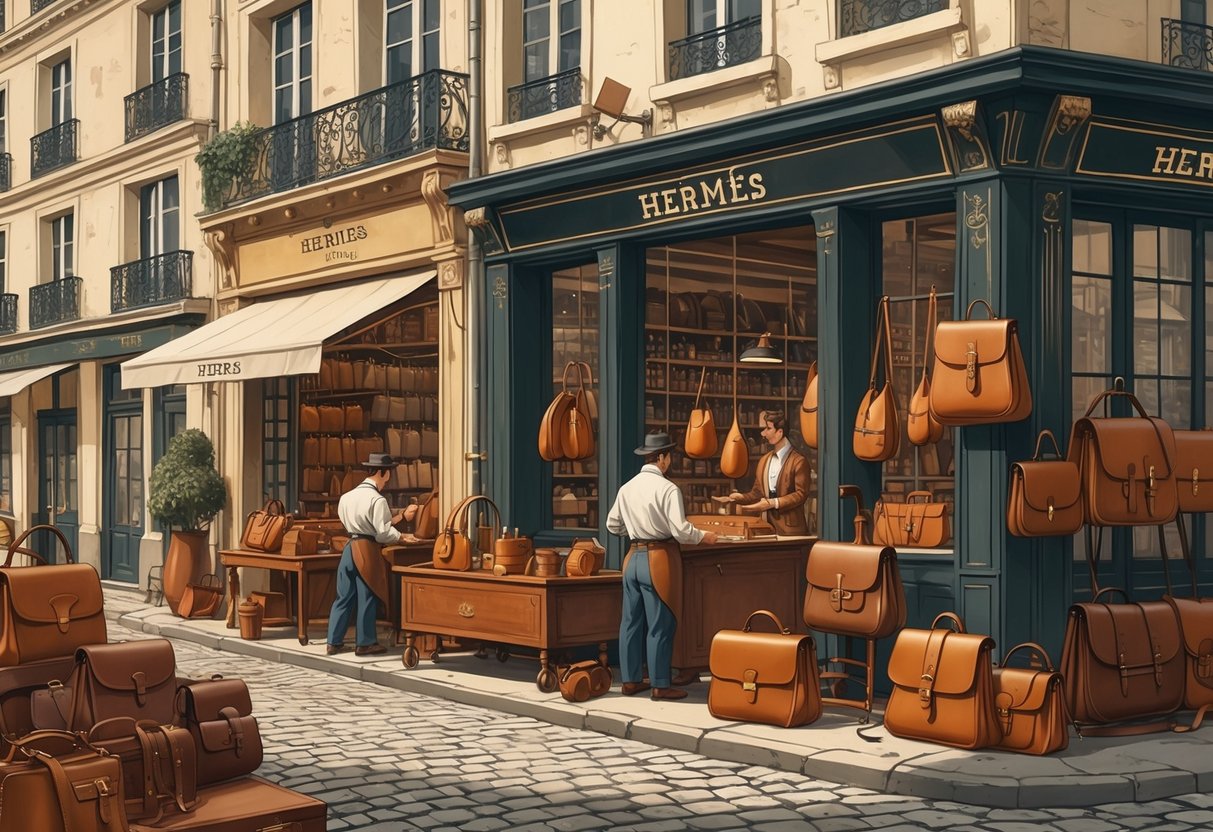 Ilustrasi bengkel kerajinan kulit di Paris pada abad ke-19 dengan pengrajin yang sedang membuat barang-barang mewah seperti tas dan sabuk, latar belakang menampilkan arsitektur klasik Paris.