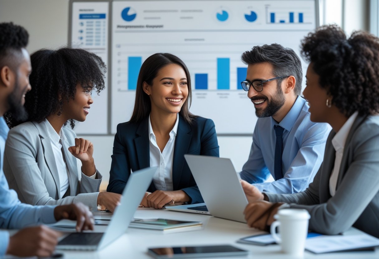 Eine Gruppe von Geschäftspersonen in einem Büro, die sich freundlich unterhalten und positive Rückmeldungen austauschen.