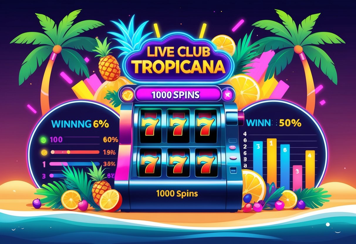 Adegan mesin slot bertema tropis dengan grafik statistik kemenangan berdasarkan 1000 putaran.