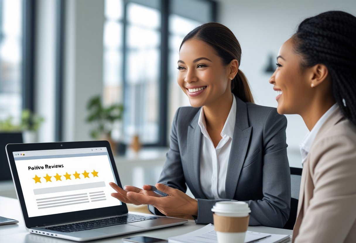 Geschäftsfrau lächelt und spricht mit zufriedener Kundin in einem modernen Büro, Laptop zeigt positive Bewertungen mit Sternen.