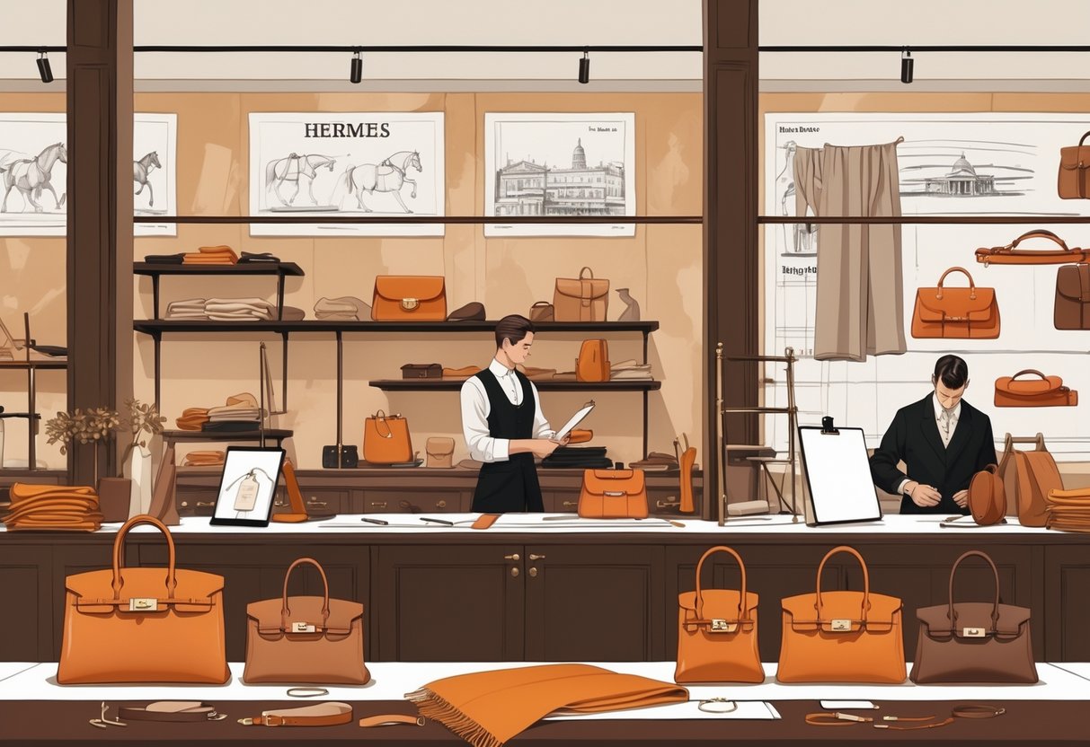 Ilustrasi menunjukkan proses evolusi dan inovasi produk HERMES dengan pengrajin yang membuat barang-barang mewah seperti tas, syal sutra, dan aksesori kulit di sebuah atelier.
