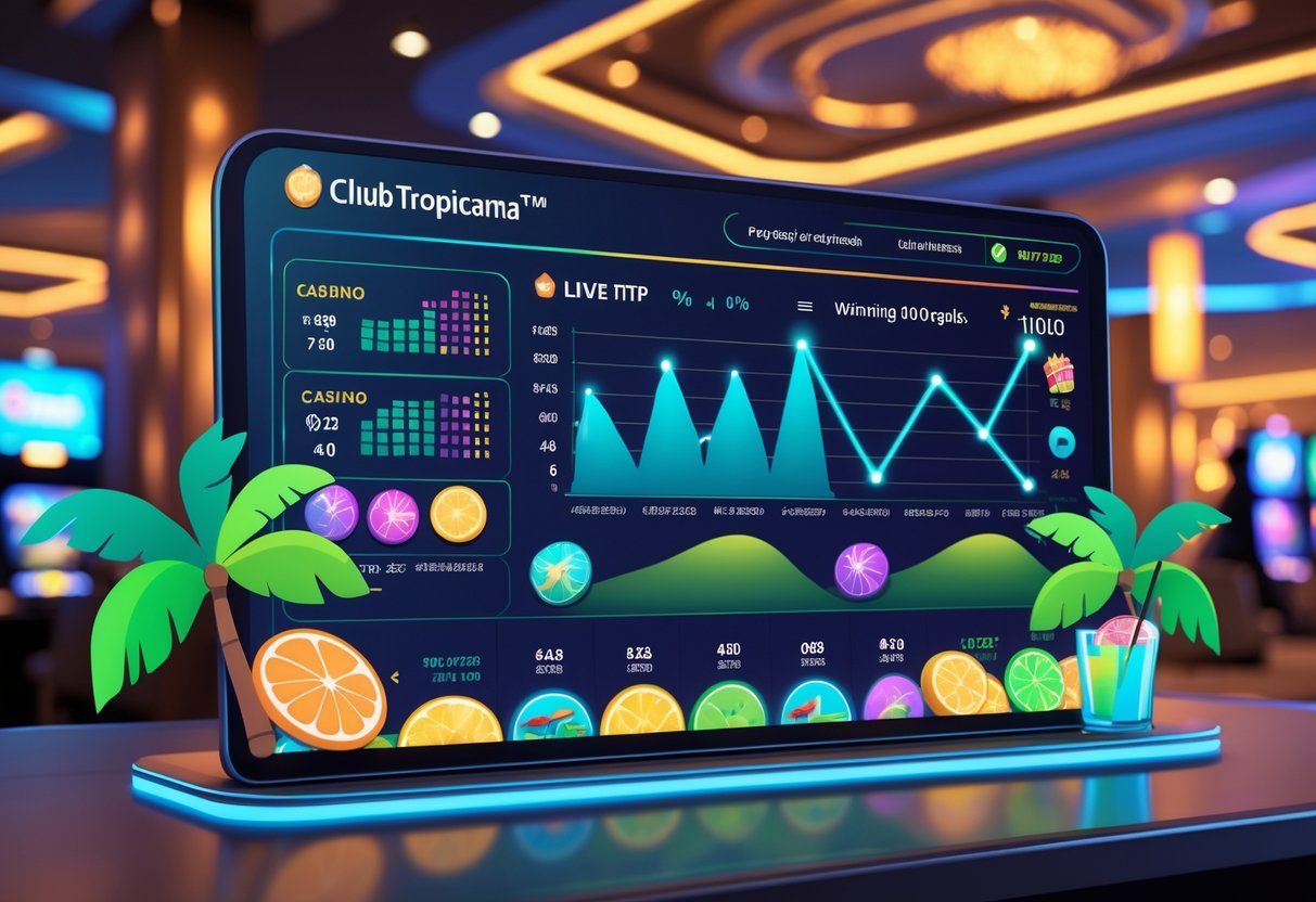Ilustrasi antarmuka permainan kasino dengan grafik statistik kemenangan dan tema tropis di latar belakang.