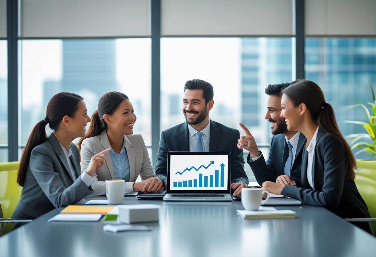 Drei Geschäftspersonen diskutieren an einem Konferenztisch vor einem Laptop mit einem Diagramm.
