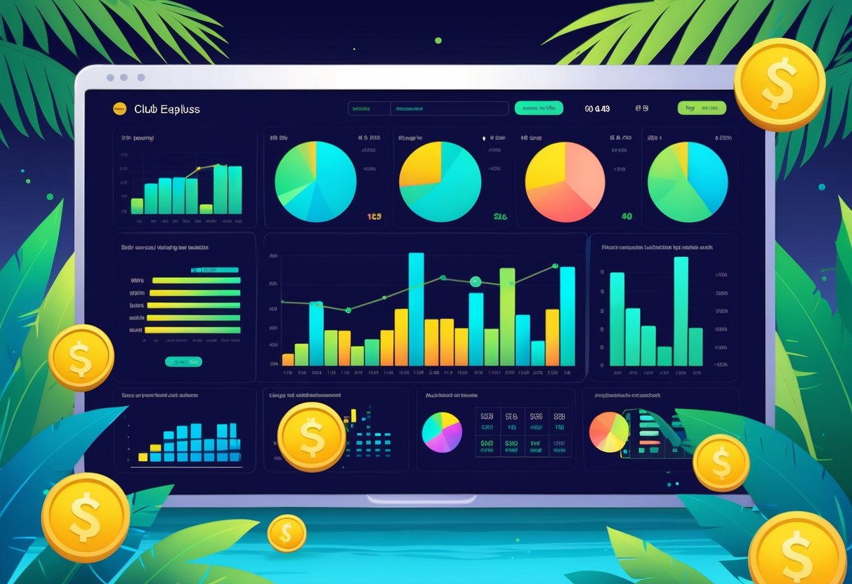 Ilustrasi profesional yang menunjukkan tampilan dashboard dengan grafik dan diagram statistik hasil 1000 putaran permainan slot Club Tropicana, dengan latar belakang elemen tropis seperti daun palem dan pantai.
