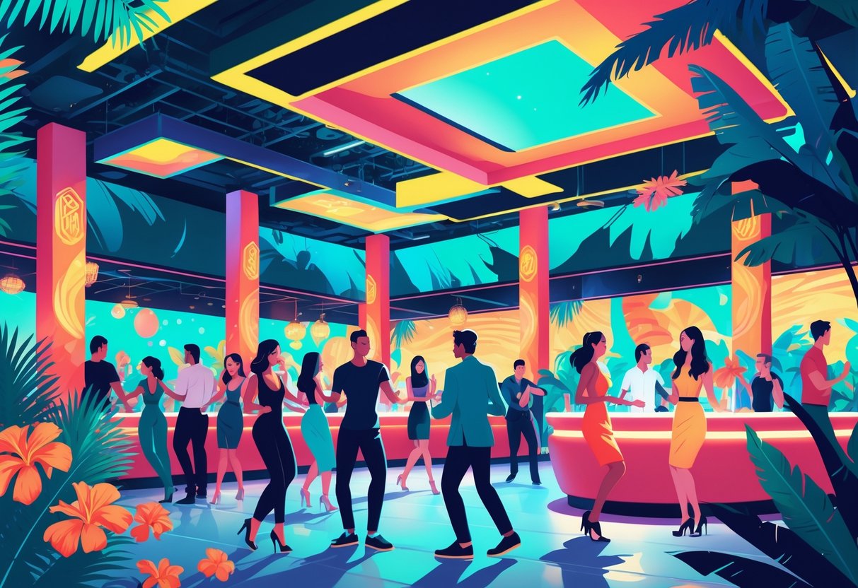 Pemandangan sebuah klub tropis yang ramai dengan orang-orang menari dan bersosialisasi di dalam ruangan yang dihiasi dengan daun palem dan bunga eksotis.