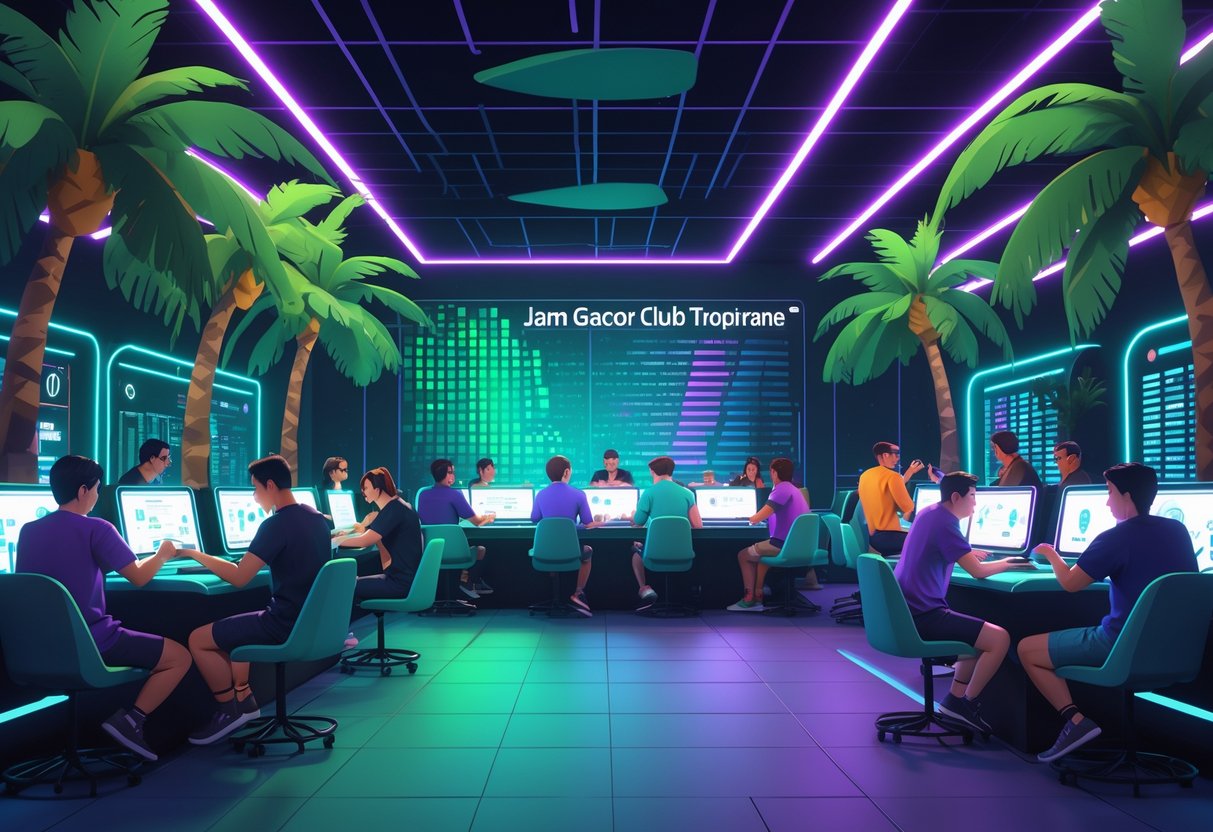 Ilustrasi klub tropis futuristik dengan pemain yang sedang bermain game menggunakan perangkat canggih, dikelilingi oleh pohon palem dan lampu neon, menampilkan pola permainan dan waktu.