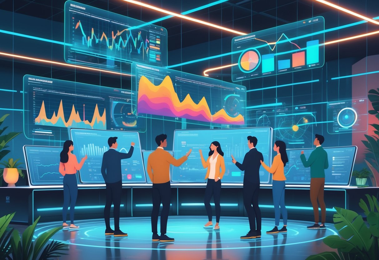 Suasana ruangan kontrol futuristik dengan layar digital dan hologram yang menampilkan data analisis pola pemain tahun 2025, dengan beberapa analis yang sedang bekerja.