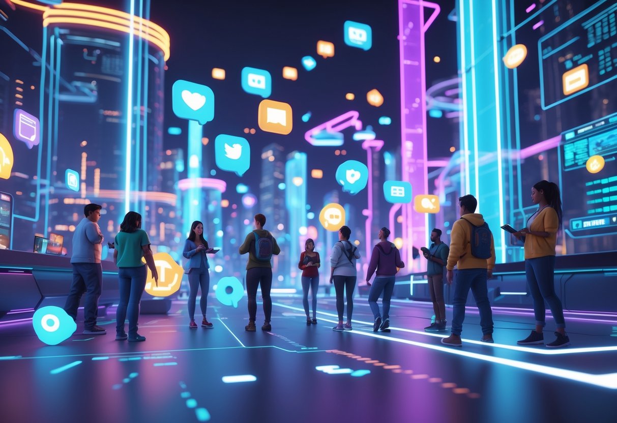 Pemandangan kota digital futuristik dengan berbagai avatar pemain yang berinteraksi dalam lingkungan virtual, menunjukkan perkembangan permainan online dan komunitas pemain modern.