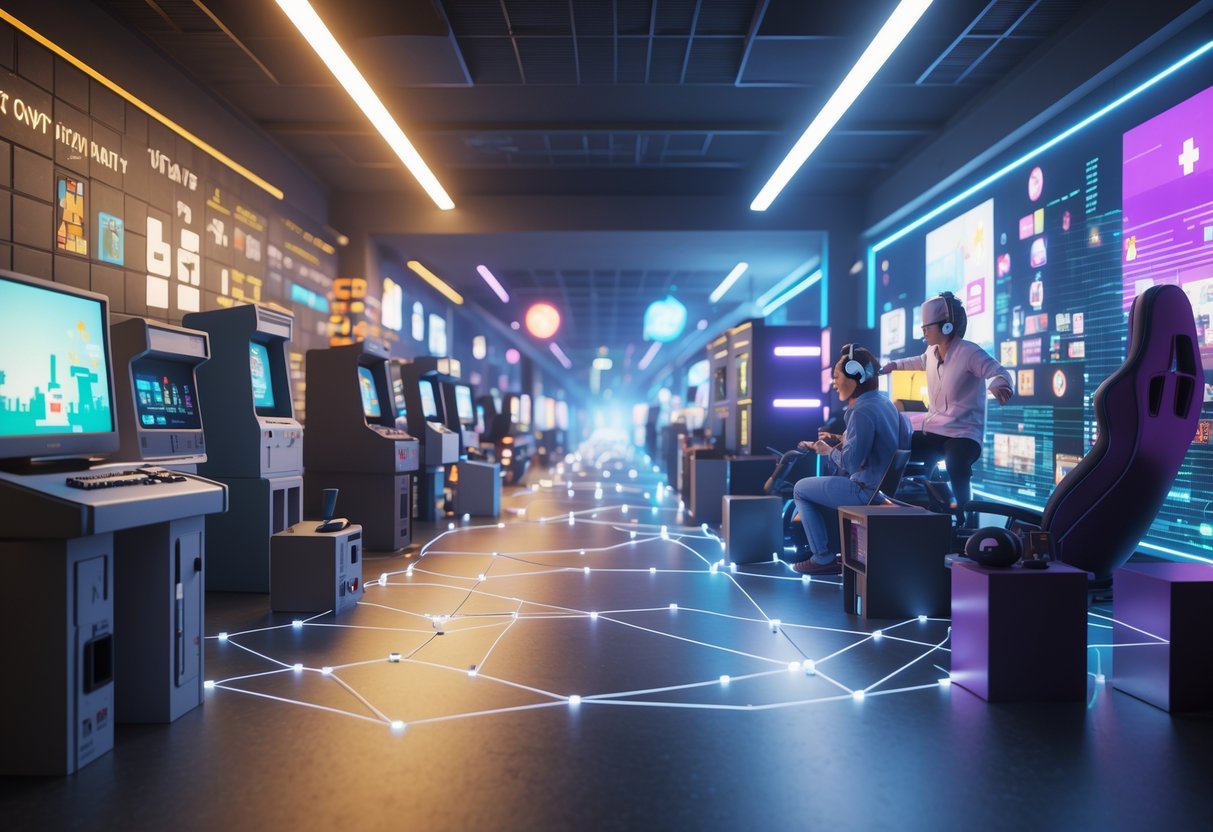 Gambaran evolusi permainan online dari masa lalu dengan mesin arcade dan komputer lama ke era modern dengan perangkat gaming canggih dan komunitas pemain digital.