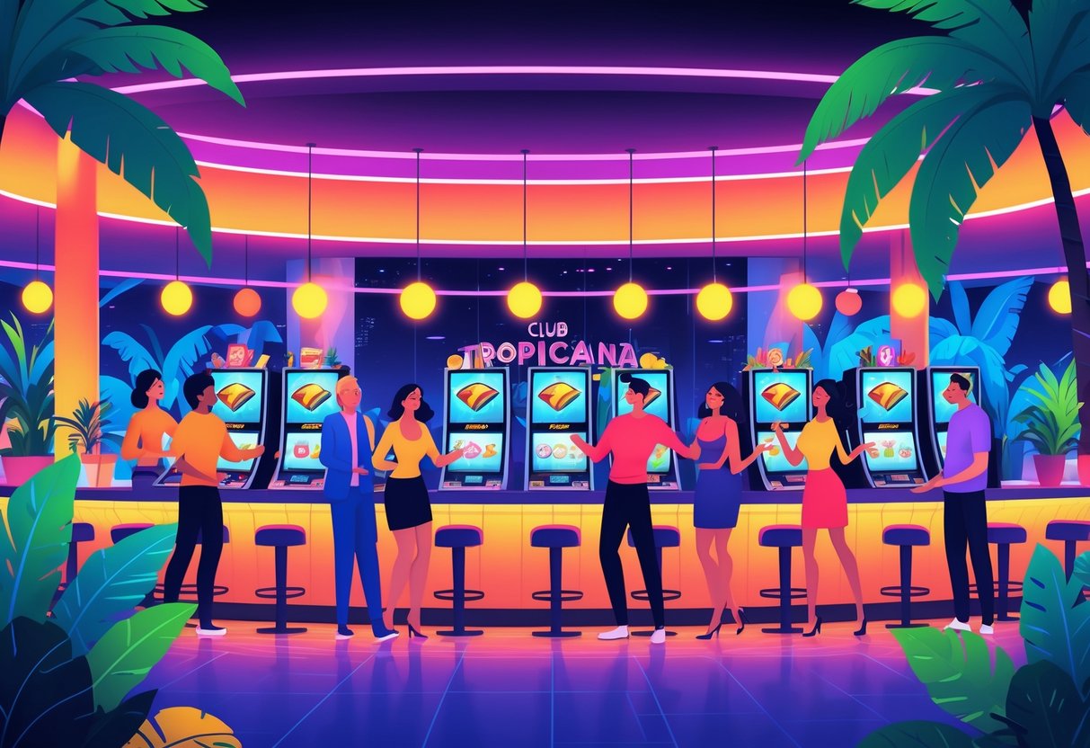 Orang-orang menikmati suasana bar tropis dengan minuman dan mesin slot di klub yang dikelilingi tanaman tropis.