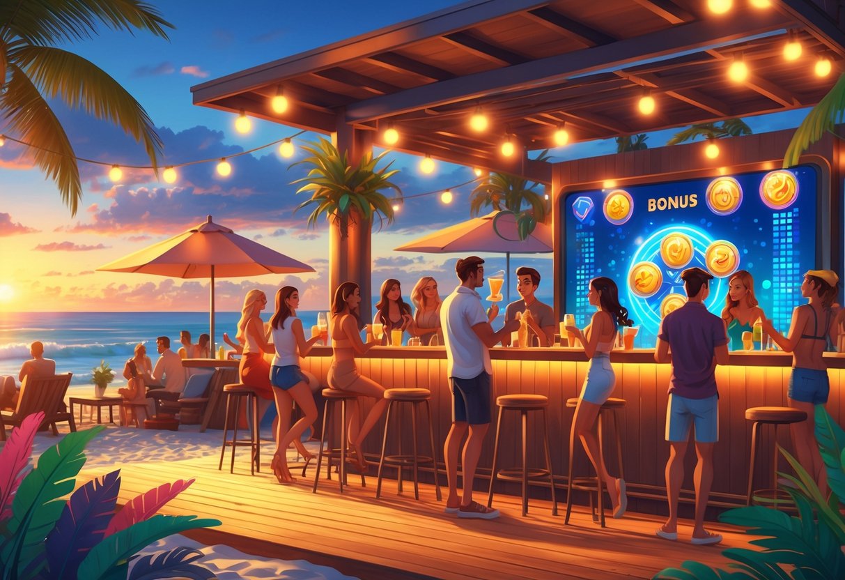 Suasana bar pantai tropis yang ramai saat matahari terbenam dengan orang-orang menikmati minuman dan bersosialisasi di Club Tropicana.