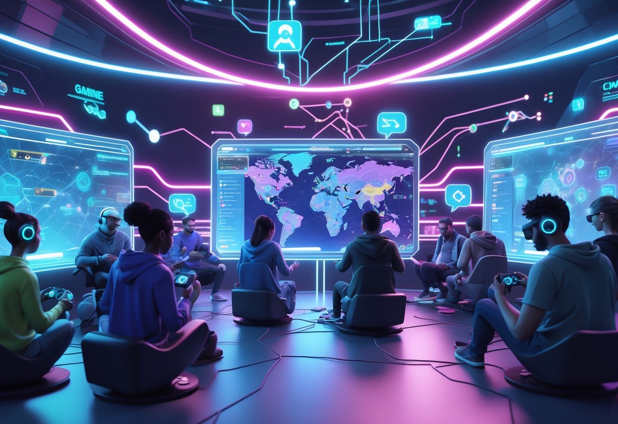 Sekelompok pemain game beragam sedang berinteraksi dan bermain bersama di lingkungan virtual futuristik dengan layar holografik dan simbol digital yang menunjukkan koneksi dan kolaborasi.