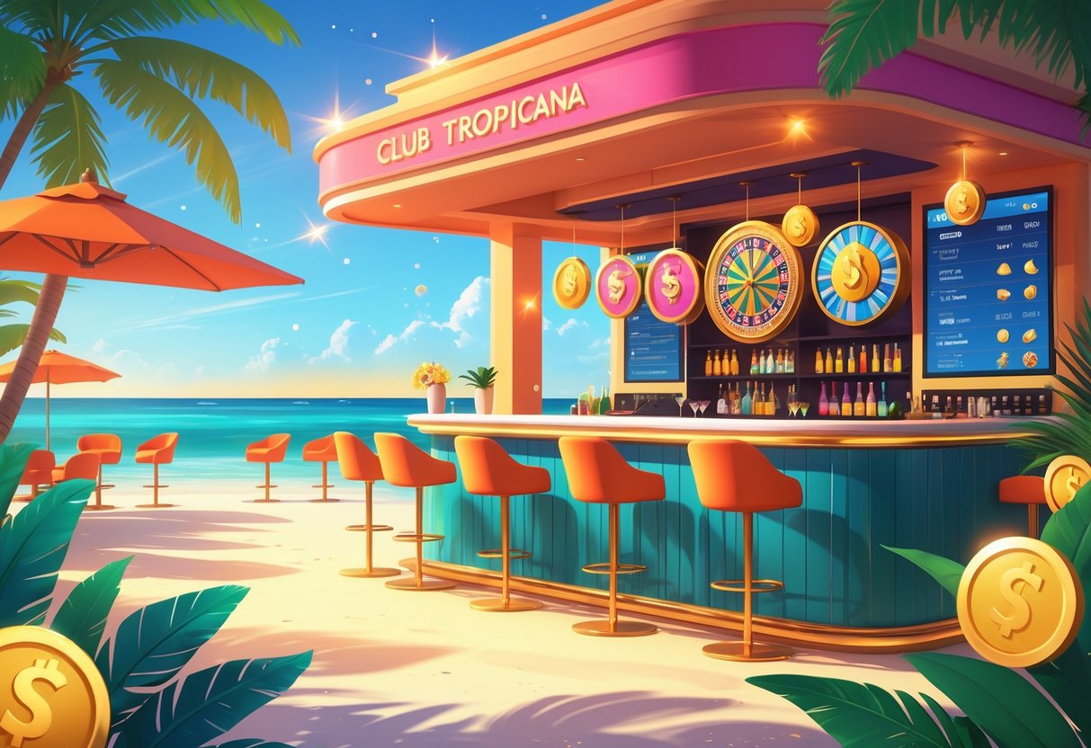 Ilustrasi sebuah klub pantai tropis dengan bar modern dan suasana happy hour, menampilkan roda bonus berputar dan koin emas sebagai simbol hadiah dan strategi.