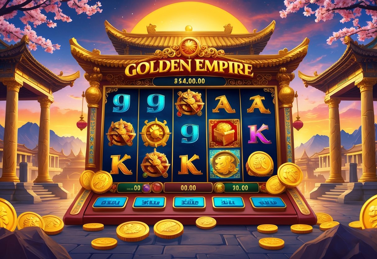 Ilustrasi mesin slot dengan tema kerajaan emas kuno, menampilkan simbol naga emas, peti harta, dan koin berkilau di latar kota kerajaan yang megah.