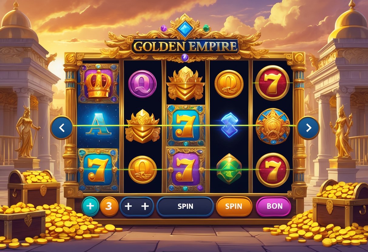 Ilustrasi sebuah mesin slot bertema kerajaan emas dengan latar istana megah, tumpukan koin emas, dan simbol permainan seperti mahkota dan naga.