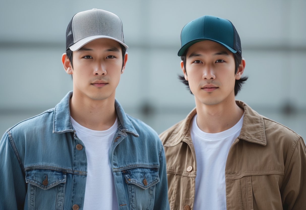 Two young adults standing side by side outdoors wearing different types of hats, smiling and looking confident.