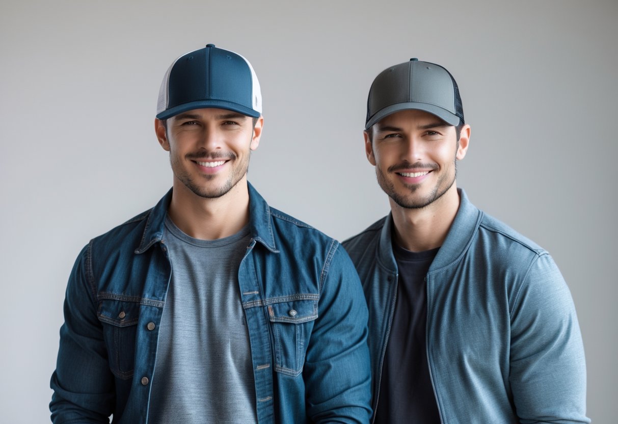 Two men standing side by side, both wearing casual hats and smiling at the camera against a plain background.