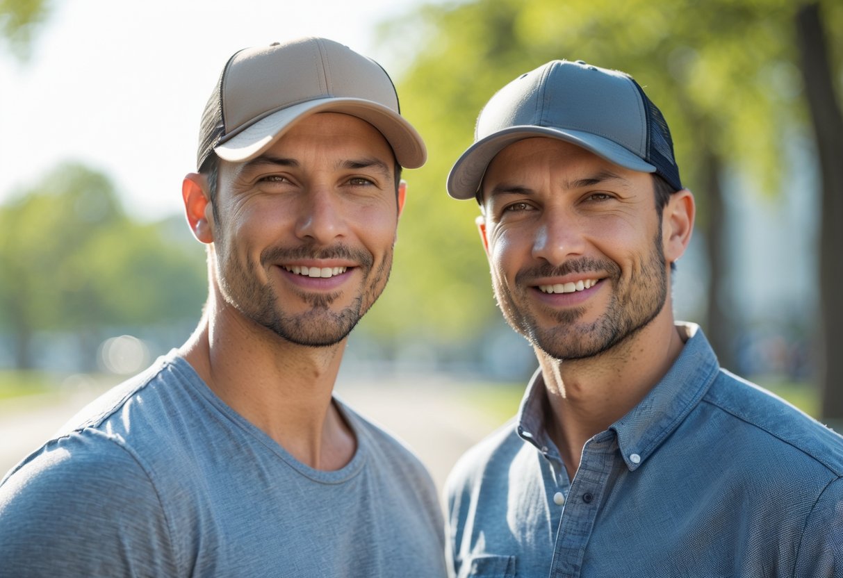 Two men standing outdoors wearing different types of casual caps, smiling and facing the camera with a blurred natural background.