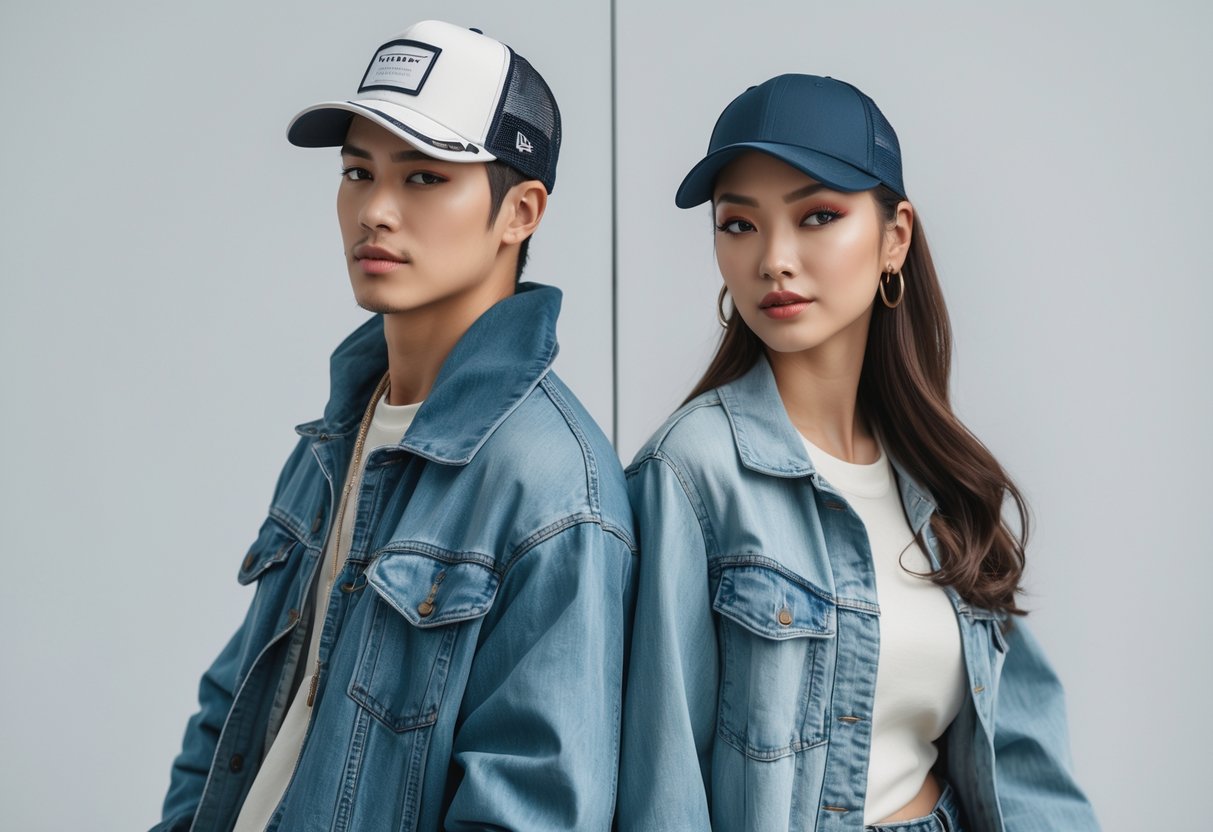 A young man and woman standing side by side wearing different types of hats against a plain background.