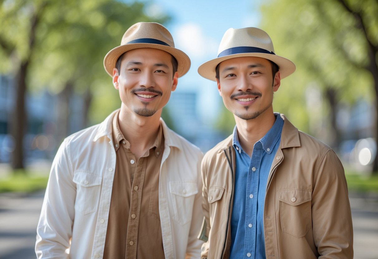 Two men standing outdoors in a park on a sunny day, smiling and wearing casual hats.
