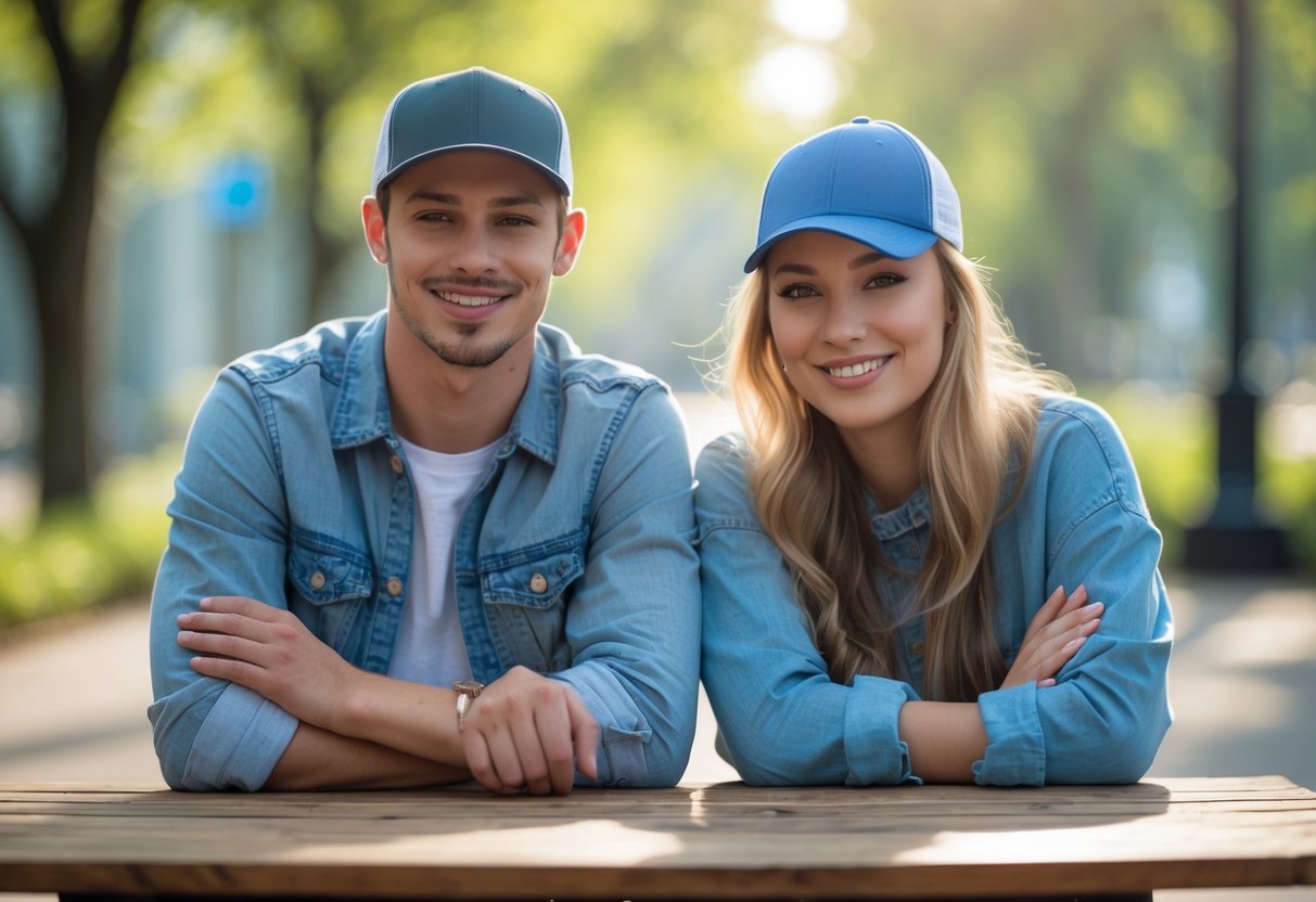 Two young adults sitting outdoors at a wooden table, smiling and wearing different casual hats.