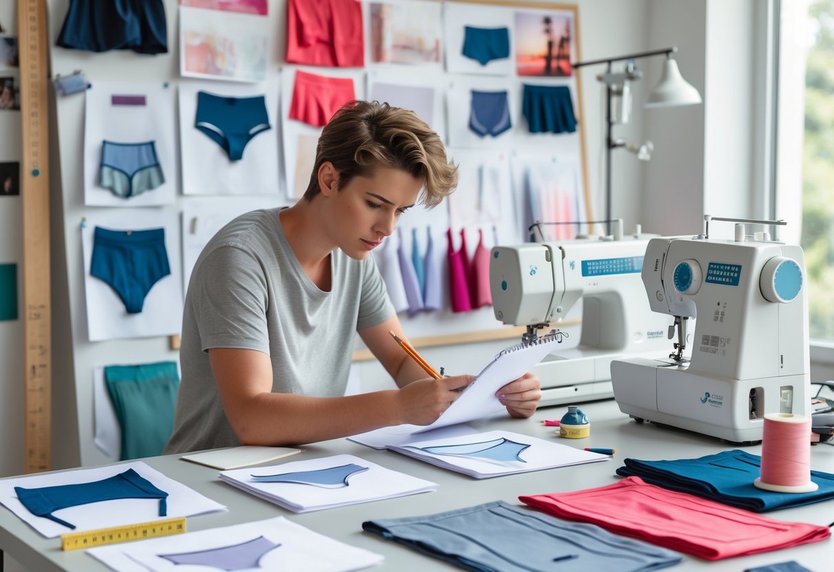 A person reviewing underwear design sketches at a desk with sewing tools and fabric samples nearby.