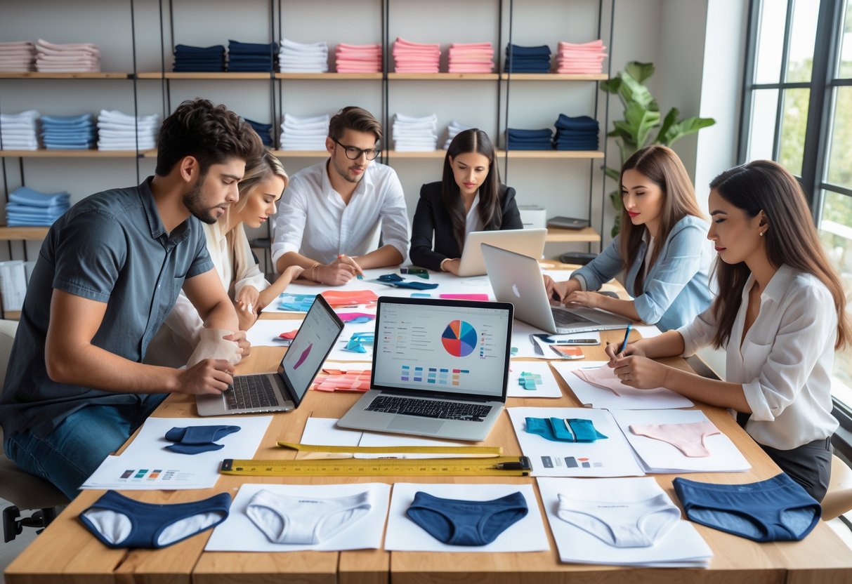 A group of young professionals working together at a table with underwear sketches, fabric samples, and laptops in a bright, modern workspace.