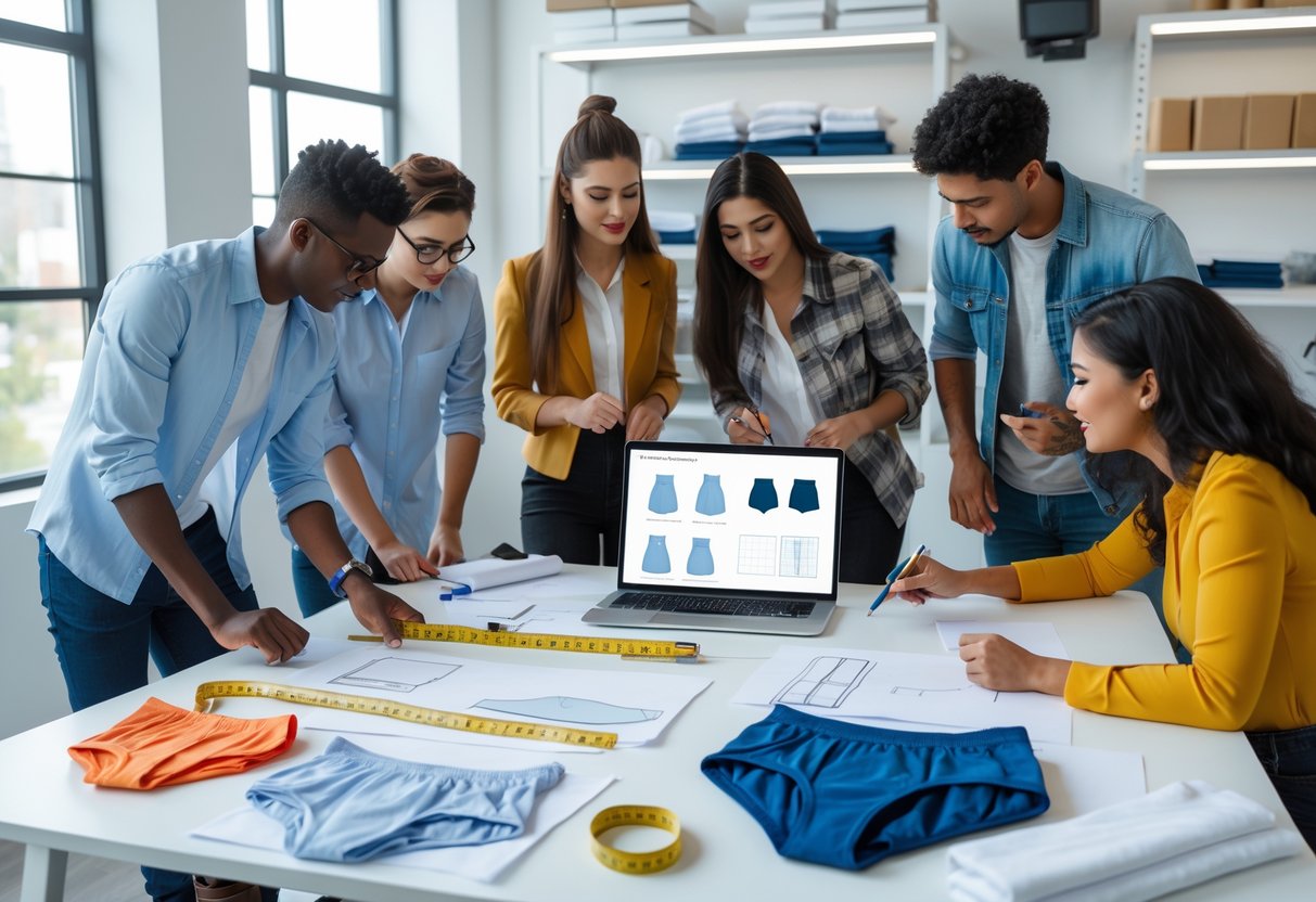 A group of people working together around a table with fabric samples, design sketches, and a laptop in a bright office.