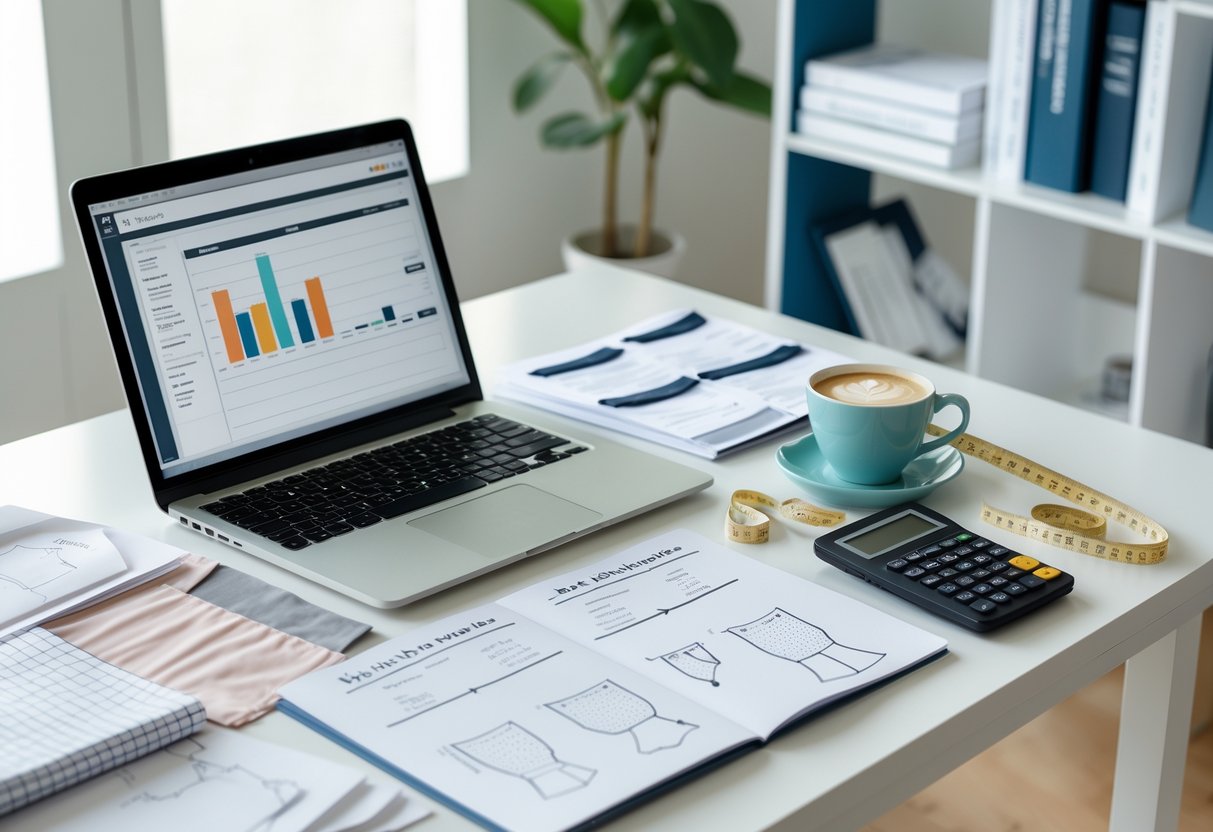 A workspace with a laptop showing charts, a notebook with underwear sketches, fabric swatches, sewing tools, and a calculator on a desk.