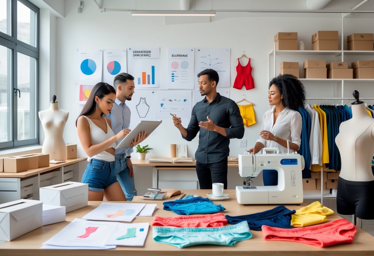 A group of people working together in a bright office with underwear designs, fabric samples, and packaging materials on the table.