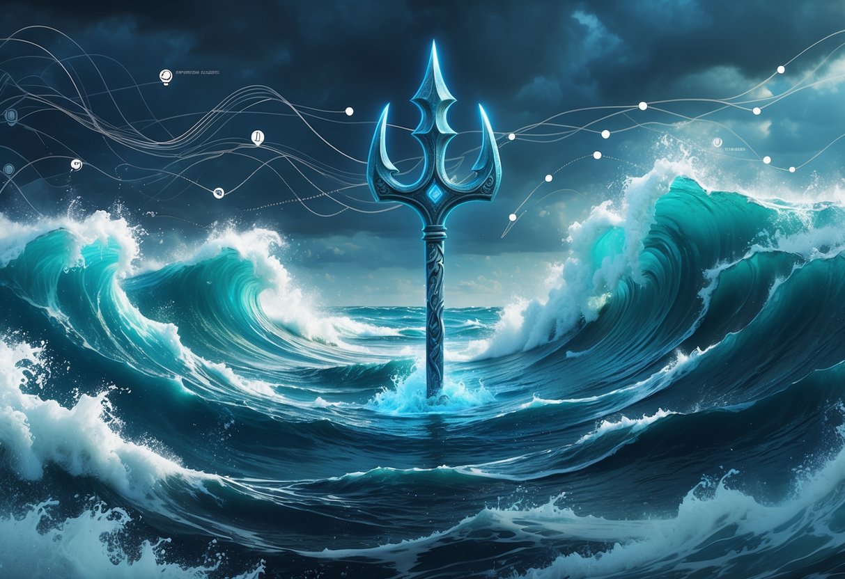 Gelombang laut yang bergelora dengan trisula muncul dari air, dikelilingi oleh elemen grafis abstrak yang menggambarkan data dan pola kemenangan.