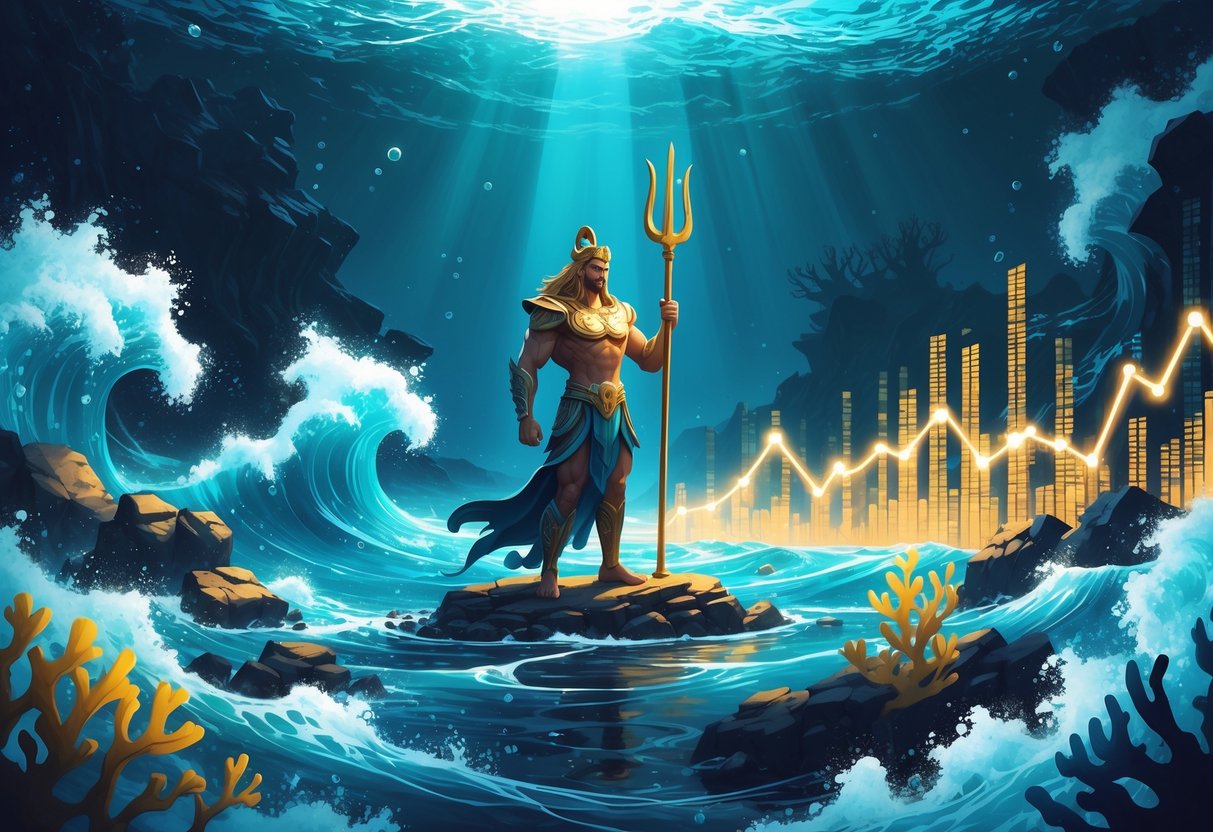 Ilustrasi bawah laut dengan Poseidon memegang trisula di dasar laut, dikelilingi oleh terumbu karang dan pola grafik yang melambangkan data statistik permainan.