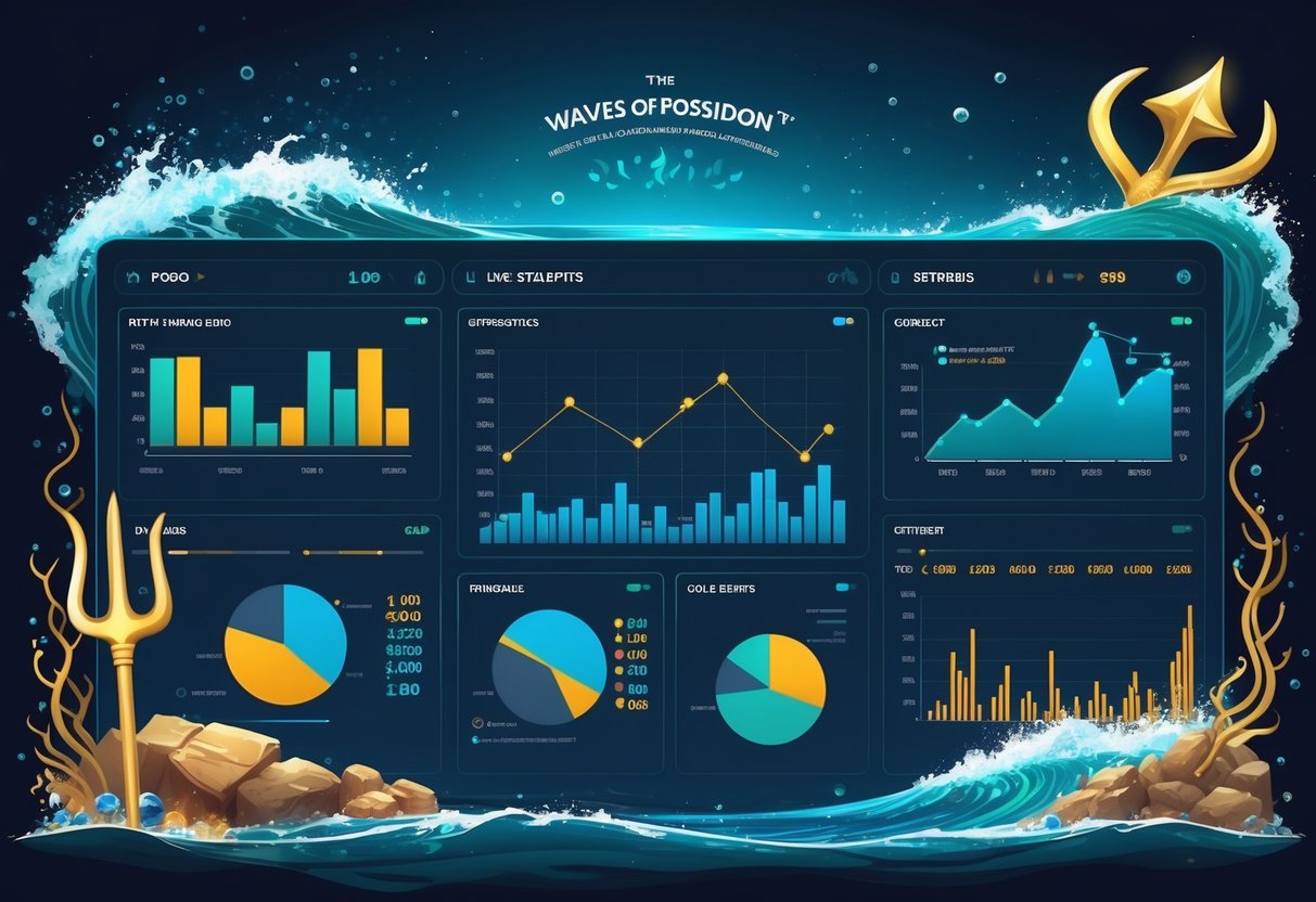 Ilustrasi antarmuka data dengan grafik dan gelombang laut serta elemen mitologi Poseidon.