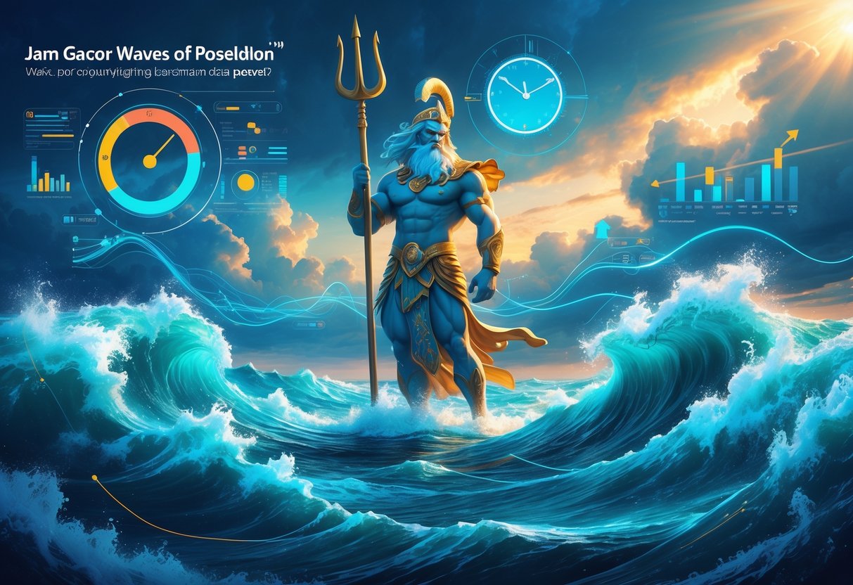 Seorang dewa laut berdiri di atas gelombang laut yang energik dengan elemen data dan grafik mengelilinginya, menggambarkan waktu yang menguntungkan berdasarkan data pemain.