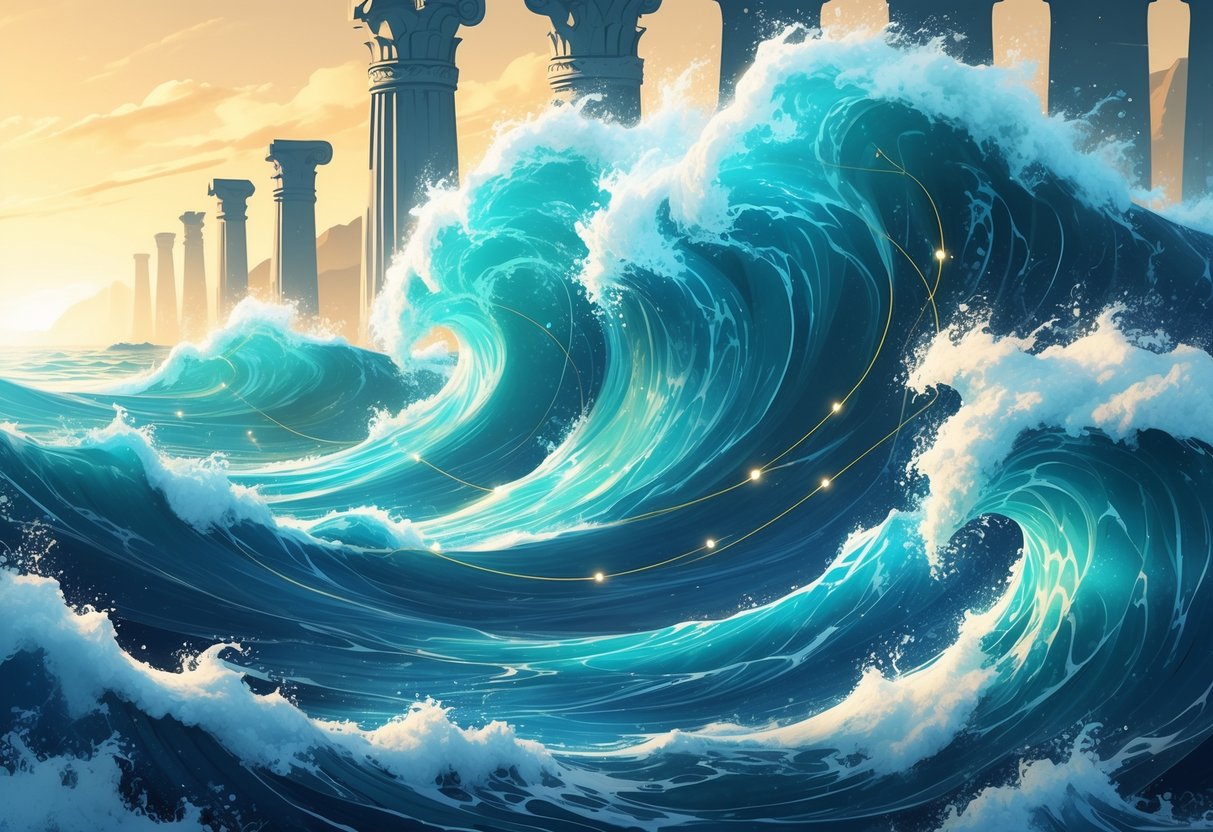 Gelombang laut besar dengan siluet tiang dan trisula di latar belakang, menggambarkan kekuatan dan kesempatan di laut.