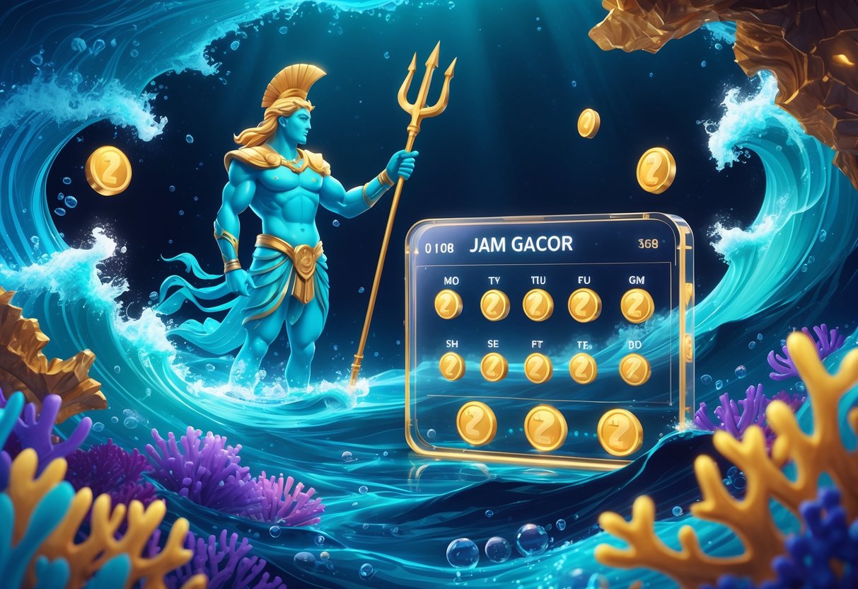 Ilustrasi bawah laut dengan sosok Poseidon memegang trisula, gelombang laut, dan jam holografik yang menunjukkan waktu paling menguntungkan untuk permainan slot.