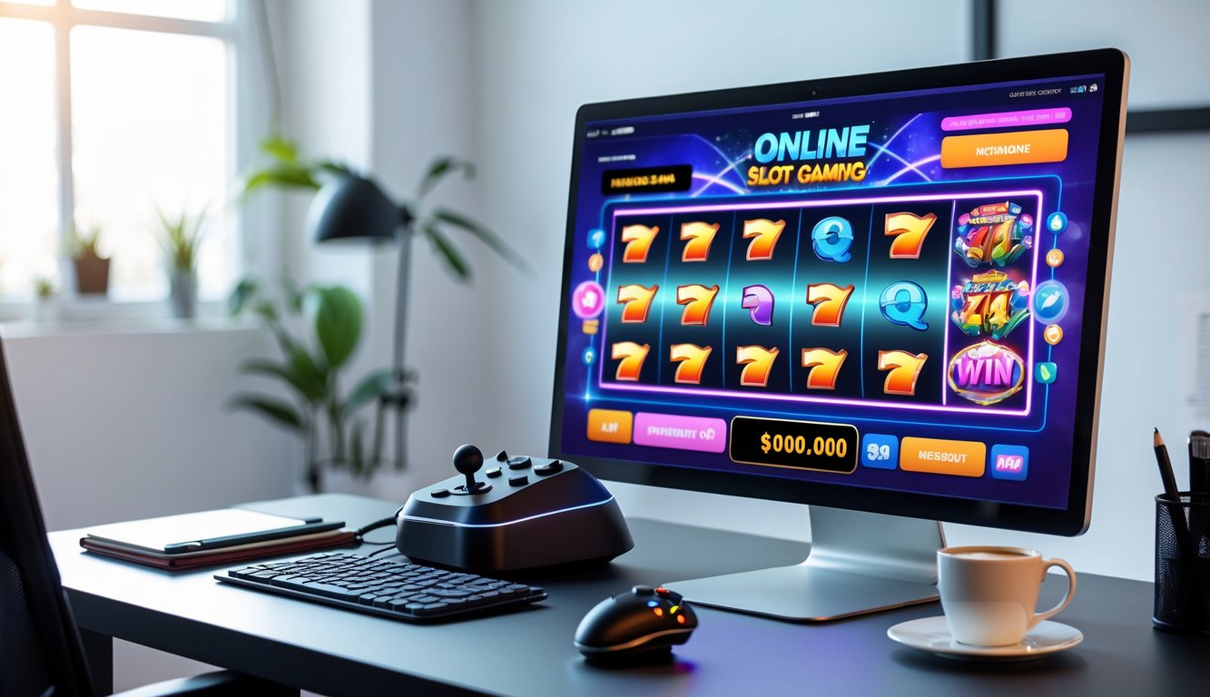 Sebuah ruang kerja modern dengan komputer yang menampilkan permainan slot online berwarna-warni dan joystick di atas meja.