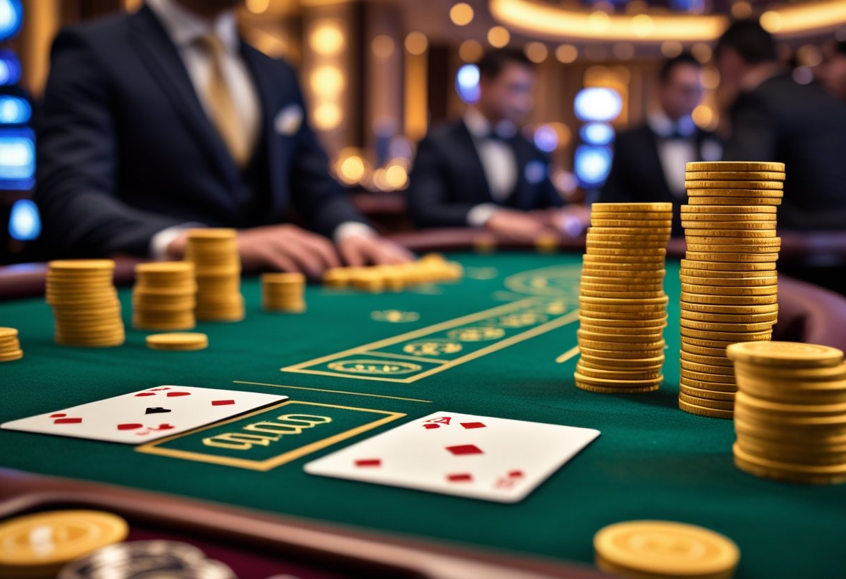Close-up of a baccarat table with cards and golden chips in a casino setting with blurred players in the background.