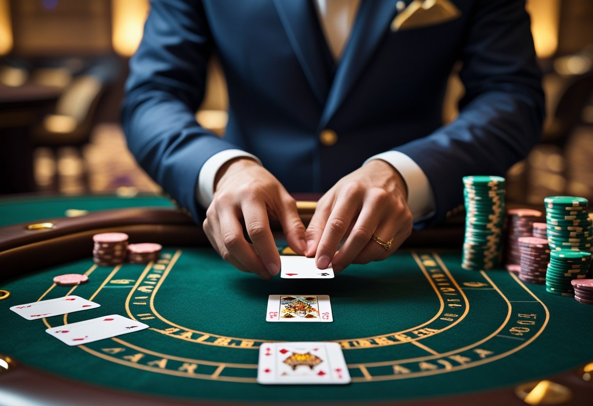 A casino dealer dealing cards at a baccarat table with chips stacked on a green felt surface.