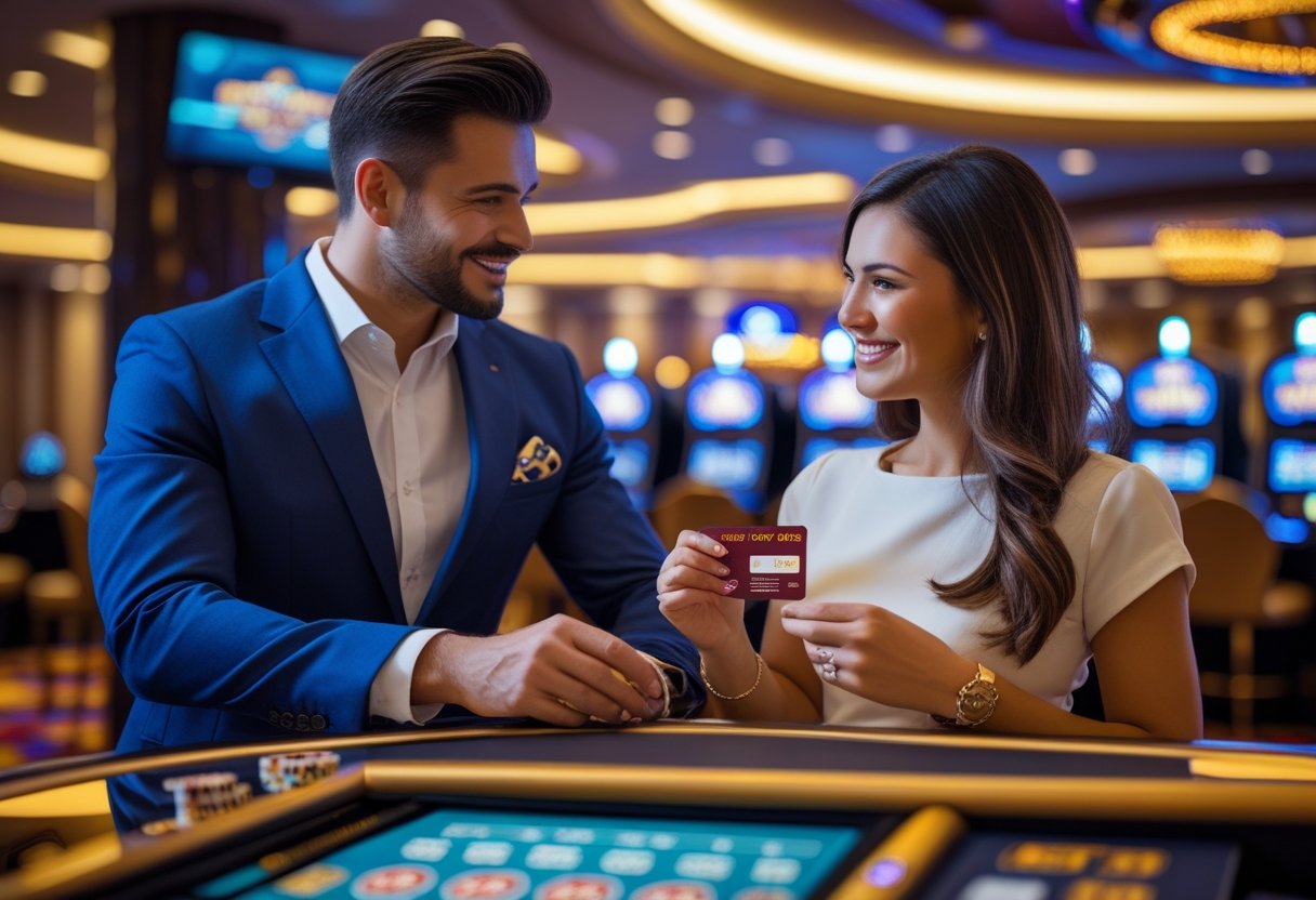 A man and woman interacting with a casino employee at a credit desk inside a casino, with slot machines and poker tables in the background.
