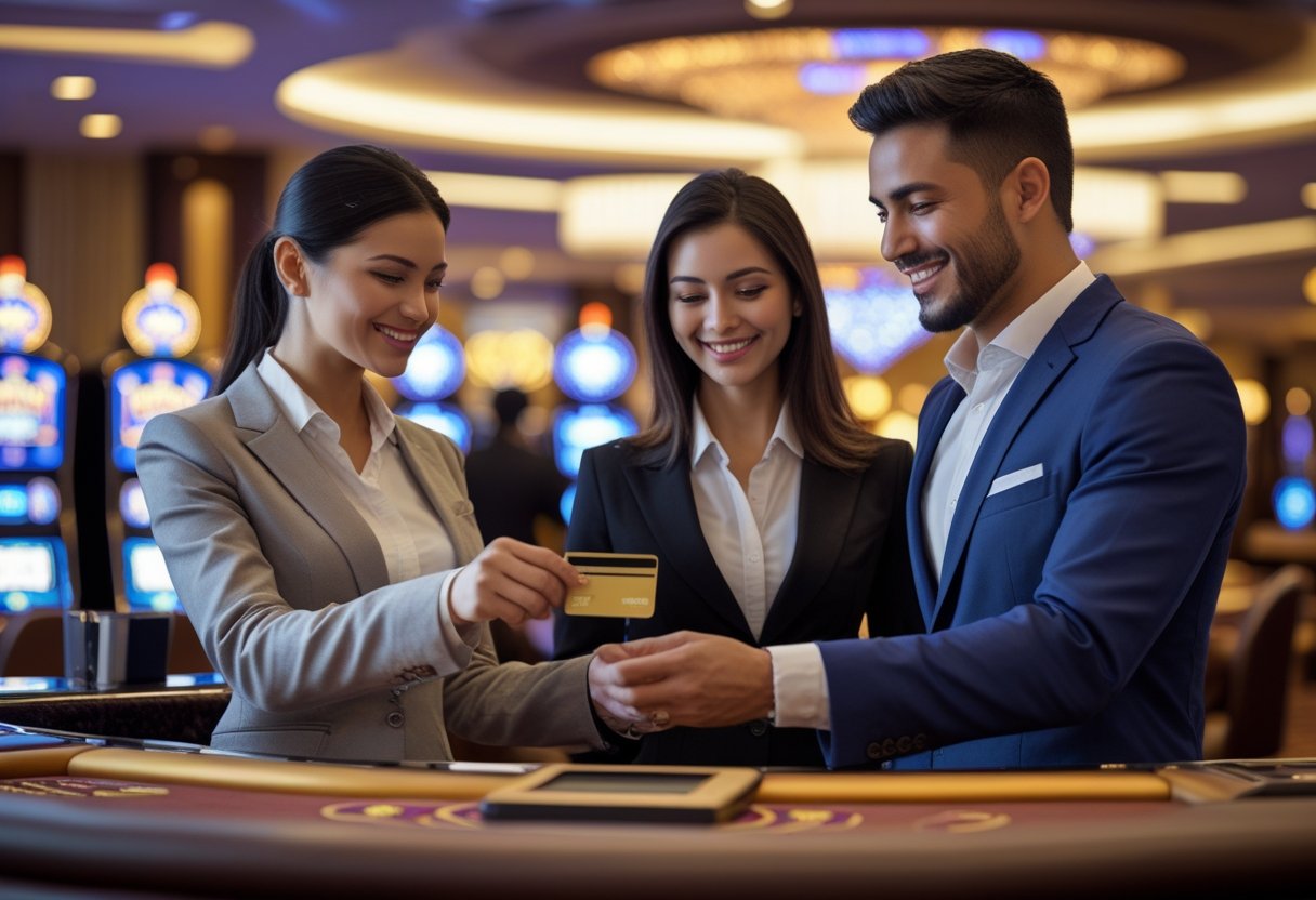 A man and woman at a casino credit desk receiving assistance from a casino employee in a casino with slot machines and poker tables in the background.