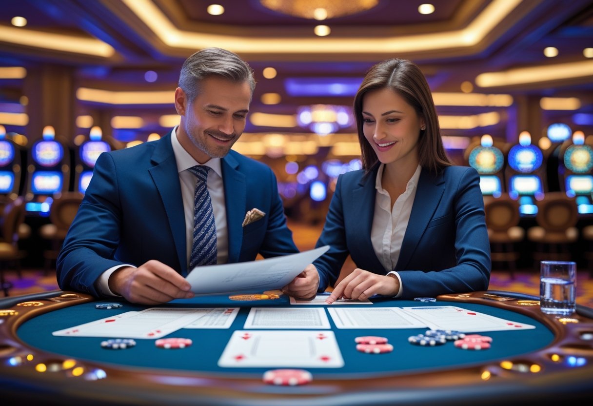 A man and woman at a casino table reviewing documents and a credit card with casino chips and playing cards nearby.